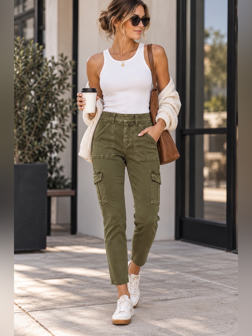 Spanx Stretch Twill Shaping Sage Green Utility Cargo Ankle Pants